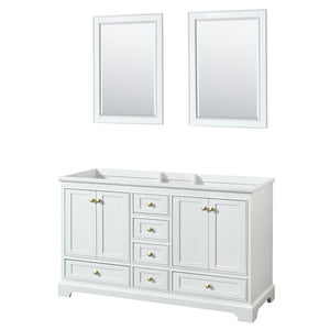 Deborah 60 Inch Double Bathroom Vanity in White No Countertop No Sinks Brushed Gold Trim 24 Inch Mirrors