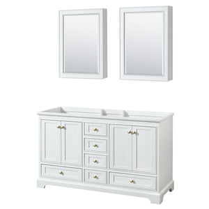Deborah 60 Inch Double Bathroom Vanity in White No Countertop No Sinks Brushed Gold Trim Medicine Cabinets