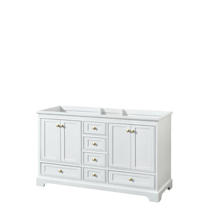 Deborah 60 Inch Double Bathroom Vanity in White No Countertop No Sinks Brushed Gold Trim No Mirror