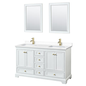 Deborah 60 Inch Double Bathroom Vanity in White White Cultured Marble Countertop Undermount Square Sinks Brushed Gold Trim 24 Inch Mirrors