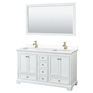 Deborah 60 Inch Double Bathroom Vanity in White White Cultured Marble Countertop Undermount Square Sinks Brushed Gold Trim 58 Inch Mirror