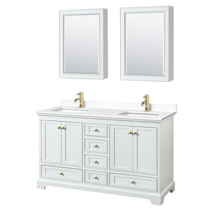 Deborah 60 Inch Double Bathroom Vanity in White White Cultured Marble Countertop Undermount Square Sinks Brushed Gold Trim Medicine Cabinets