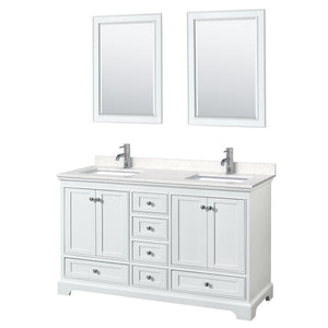 Deborah 60 Inch Double Bathroom Vanity in White Carrara Cultured Marble Countertop Undermount Square Sinks 24 Inch Mirrors