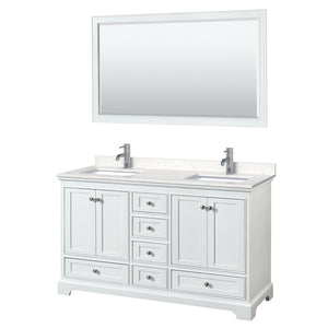 Deborah 60 Inch Double Bathroom Vanity in White Carrara Cultured Marble Countertop Undermount Square Sinks 58 Inch Mirror