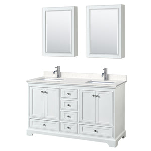 Deborah 60 Inch Double Bathroom Vanity in White Carrara Cultured Marble Countertop Undermount Square Sinks Medicine Cabinets