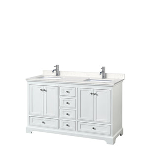 Deborah 60 Inch Double Bathroom Vanity in White Carrara Cultured Marble Countertop Undermount Square Sinks No Mirrors
