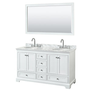 Deborah 60 Inch Double Bathroom Vanity in White White Carrara Marble Countertop Undermount Oval Sinks and 58 Inch Mirror