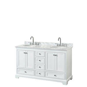 Deborah 60 Inch Double Bathroom Vanity in White White Carrara Marble Countertop Undermount Oval Sinks and No Mirrors