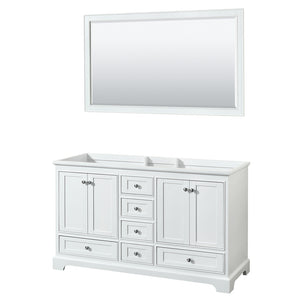 Deborah 60 Inch Double Bathroom Vanity in White No Countertop No Sinks and 58 Inch Mirror