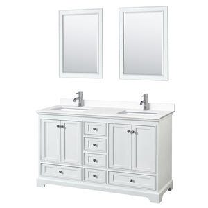 Deborah 60 Inch Double Bathroom Vanity in White White Cultured Marble Countertop Undermount Square Sinks 24 Inch Mirrors
