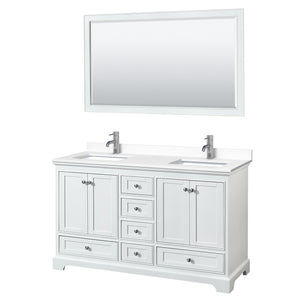 Deborah 60 Inch Double Bathroom Vanity in White White Cultured Marble Countertop Undermount Square Sinks 58 Inch Mirror