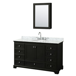 Deborah 60 Inch Single Bathroom Vanity in Dark Espresso White Carrara Marble Countertop Undermount Oval Sink and Medicine Cabinet