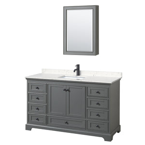 Deborah 60 Inch Single Bathroom Vanity in Dark Gray Carrara Cultured Marble Countertop Undermount Square Sink Matte Black Trim Medicine Cabinet