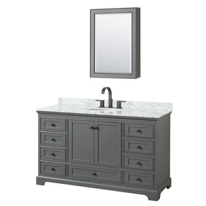 Deborah 60 Inch Single Bathroom Vanity in Dark Gray White Carrara Marble Countertop Undermount Oval Sink Matte Black Trim Medicine Cabinet