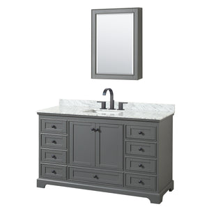 Deborah 60 Inch Single Bathroom Vanity in Dark Gray White Carrara Marble Countertop Undermount Square Sink Matte Black Trim Medicine Cabinet