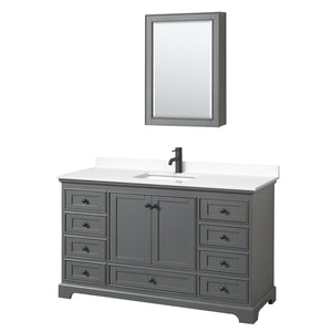 Deborah 60 Inch Single Bathroom Vanity in Dark Gray White Cultured Marble Countertop Undermount Square Sink Matte Black Trim Medicine Cabinet