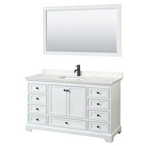 Deborah 60 Inch Single Bathroom Vanity in White Carrara Cultured Marble Countertop Undermount Square Sink Matte Black Trim 58 Inch Mirror