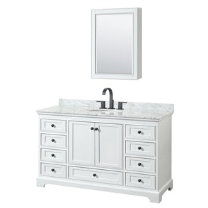 Deborah 60 Inch Single Bathroom Vanity in White White Carrara Marble Countertop Undermount Oval Sink Matte Black Trim Medicine Cabinet