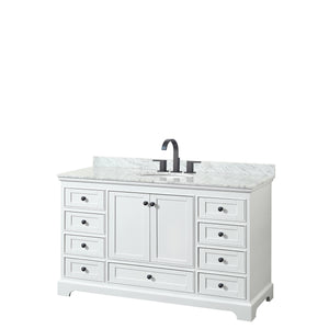 Deborah 60 Inch Single Bathroom Vanity in White White Carrara Marble Countertop Undermount Oval Sink Matte Black Trim