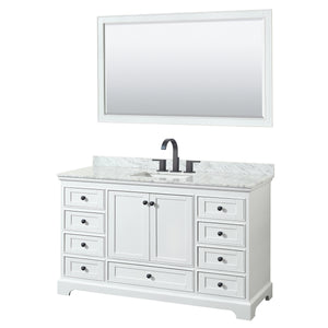 Deborah 60 Inch Single Bathroom Vanity in White White Carrara Marble Countertop Undermount Square Sink Matte Black Trim 58 Inch Mirror