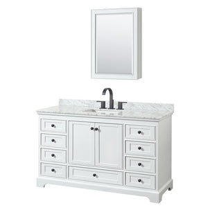 Deborah 60 Inch Single Bathroom Vanity in White White Carrara Marble Countertop Undermount Square Sink Matte Black Trim Medicine Cabinet