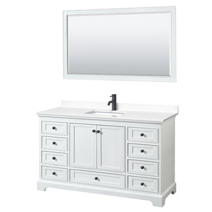 Deborah 60 Inch Single Bathroom Vanity in White White Cultured Marble Countertop Undermount Square Sink Matte Black Trim 58 Inch Mirror
