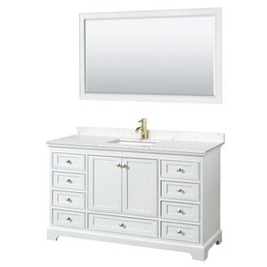Deborah 60 Inch Single Bathroom Vanity in White Carrara Cultured Marble Countertop Undermount Square Sink Brushed Gold Trim 58 Inch Mirror