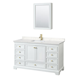 Deborah 60 Inch Single Bathroom Vanity in White Carrara Cultured Marble Countertop Undermount Square Sink Brushed Gold Trim Medicine Cabinet