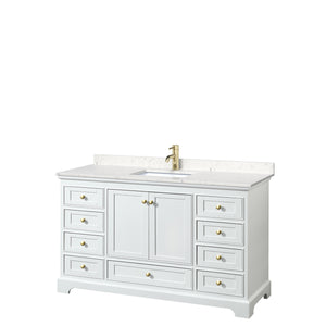 Deborah 60 Inch Single Bathroom Vanity in White Carrara Cultured Marble Countertop Undermount Square Sink Brushed Gold Trim No Mirror