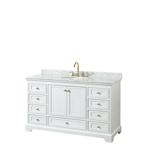 Deborah 60 Inch Single Bathroom Vanity in White White Carrara Marble Countertop Undermount Oval Sink Brushed Gold Trim No Mirror