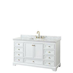 Deborah 60 Inch Single Bathroom Vanity in White White Carrara Marble Countertop Undermount Square Sink Brushed Gold Trim No Mirror