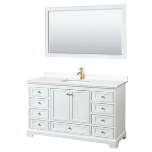 Deborah 60 Inch Single Bathroom Vanity in White White Cultured Marble Countertop Undermount Square Sink Brushed Gold Trim 58 Inch Mirror