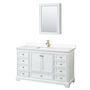Deborah 60 Inch Single Bathroom Vanity in White White Cultured Marble Countertop Undermount Square Sink Brushed Gold Trim Medicine Cabinet