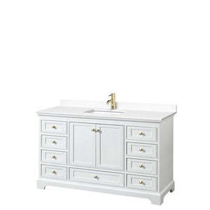 Deborah 60 Inch Single Bathroom Vanity in White White Cultured Marble Countertop Undermount Square Sink Brushed Gold Trim No Mirror
