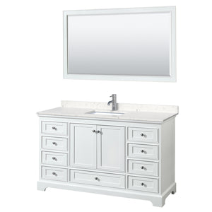 Deborah 60 Inch Single Bathroom Vanity in White Carrara Cultured Marble Countertop Undermount Square Sink 58 Inch Mirror