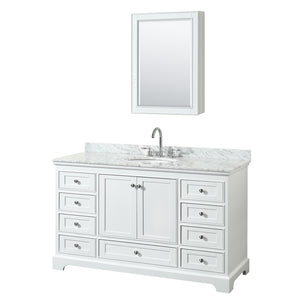 Deborah 60 Inch Single Bathroom Vanity in White White Carrara Marble Countertop Undermount Oval Sink and Medicine Cabinet