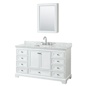 Deborah 60 Inch Single Bathroom Vanity in White White Carrara Marble Countertop Undermount Square Sink and Medicine Cabinet