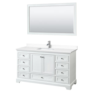 Deborah 60 Inch Single Bathroom Vanity in White White Cultured Marble Countertop Undermount Square Sink 58 Inch Mirror