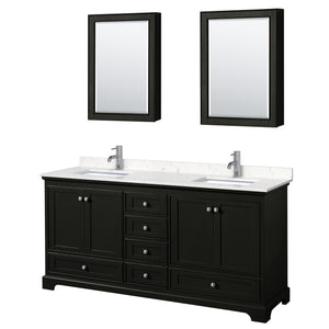 Deborah 72 Inch Double Bathroom Vanity in Dark Espresso Carrara Cultured Marble Countertop Undermount Square Sinks Medicine Cabinets