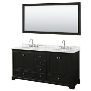 Deborah 72 Inch Double Bathroom Vanity in Dark Espresso White Carrara Marble Countertop Undermount Oval Sinks and 70 Inch Mirror