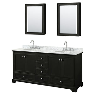 Deborah 72 Inch Double Bathroom Vanity in Dark Espresso White Carrara Marble Countertop Undermount Oval Sinks and Medicine Cabinets
