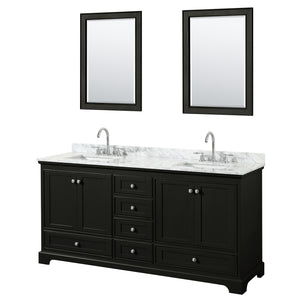 Deborah 72 Inch Double Bathroom Vanity in Dark Espresso White Carrara Marble Countertop Undermount Square Sinks and 24 Inch Mirrors