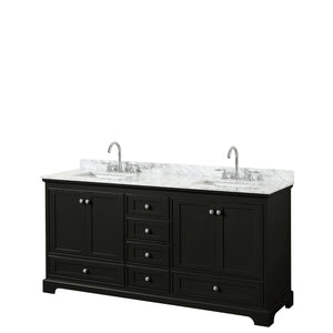 Deborah 72 Inch Double Bathroom Vanity in Dark Espresso White Carrara Marble Countertop Undermount Square Sinks and No Mirrors