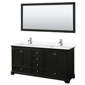 Deborah 72 Inch Double Bathroom Vanity in Dark Espresso White Cultured Marble Countertop Undermount Square Sinks 70 Inch Mirror