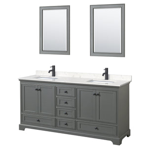 Deborah 72 Inch Double Bathroom Vanity in Dark Gray Carrara Cultured Marble Countertop Undermount Square Sinks Matte Black Trim 24 Inch Mirrors