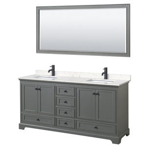 Deborah 72 Inch Double Bathroom Vanity in Dark Gray Carrara Cultured Marble Countertop Undermount Square Sinks Matte Black Trim 70 Inch Mirror