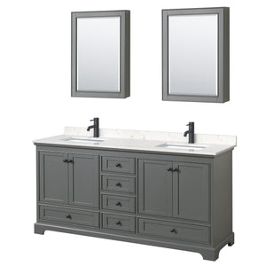 Deborah 72 Inch Double Bathroom Vanity in Dark Gray Carrara Cultured Marble Countertop Undermount Square Sinks Matte Black Trim Medicine Cabinets