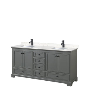 Deborah 72 Inch Double Bathroom Vanity in Dark Gray Carrara Cultured Marble Countertop Undermount Square Sinks Matte Black Trim