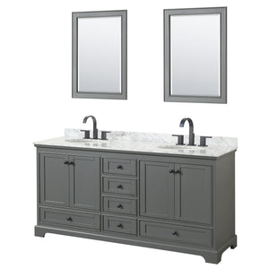 Deborah 72 Inch Double Bathroom Vanity in Dark Gray White Carrara Marble Countertop Undermount Oval Sinks Matte Black Trim 24 Inch Mirrors