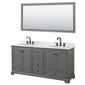 Deborah 72 Inch Double Bathroom Vanity in Dark Gray White Carrara Marble Countertop Undermount Oval Sinks Matte Black Trim 70 Inch Mirror